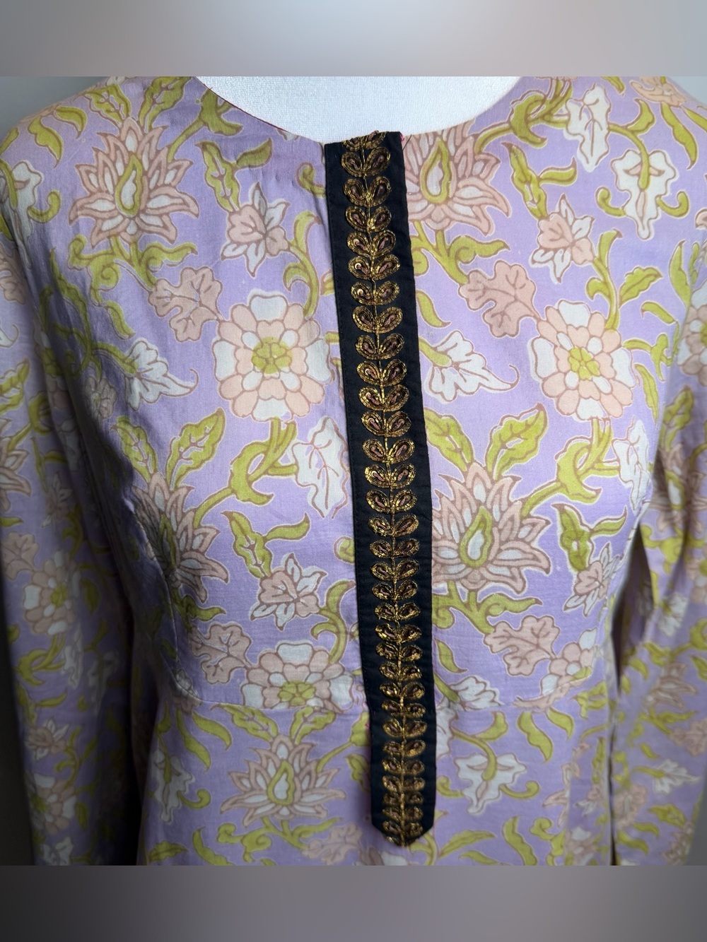 Lavender & Pink Floral Long Sleeve Silk Blend Tiered Maxi Dress *flaws* - Picture 3 of 11